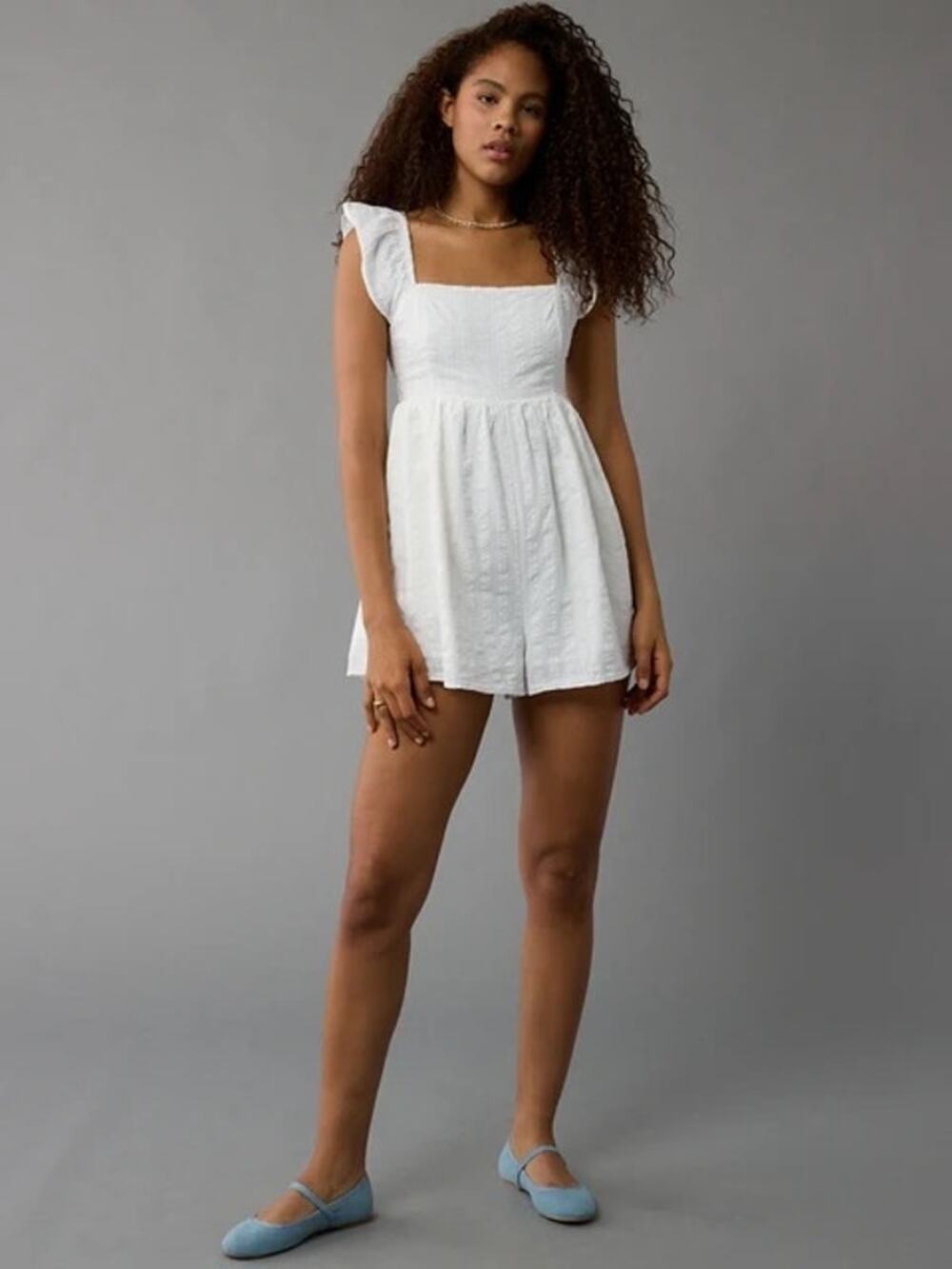 American Eagle White Flutter Sleeve Babydoll Smocked Romper Sz.L